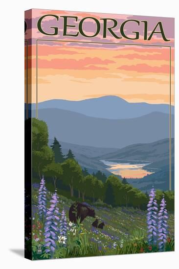 Georgia - Bears and Spring Flowers-Lantern Press-Stretched Canvas