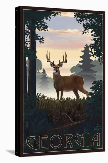 Georgia - Deer and Sunrise-Lantern Press-Stretched Canvas