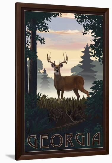 Georgia - Deer and Sunrise-Lantern Press-Framed Art Print