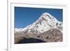 Georgia, Georgian Military Highway, Kazbegi-Stepantsminda. Gergeti Trinity Church and Mt. Kazbek.-Walter Bibikow-Framed Photographic Print