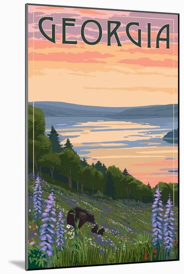 Georgia - Lake and Bear Family-Lantern Press-Mounted Art Print