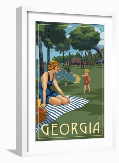 Georgia - Lake and Picnic Scene-Lantern Press-Framed Art Print
