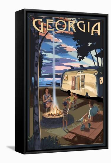 Georgia - Retro Camper and Lake-Lantern Press-Framed Stretched Canvas