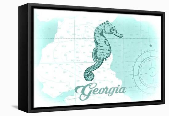 Georgia - Seahorse - Teal - Coastal Icon-Lantern Press-Framed Stretched Canvas