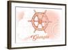 Georgia - Ship Wheel - Coral - Coastal Icon-Lantern Press-Framed Art Print