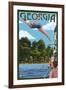 Georgia - Woman Diving and Lake-Lantern Press-Framed Art Print