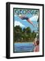 Georgia - Woman Diving and Lake-Lantern Press-Framed Art Print