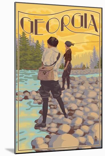 Georgia - Women Fishing-Lantern Press-Mounted Art Print