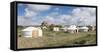 Ger camp and Tsorjiin Khureenii temple in the background, Middle Gobi province, Mongolia, Central A-Francesco Vaninetti-Framed Stretched Canvas