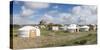 Ger camp and Tsorjiin Khureenii temple in the background, Middle Gobi province, Mongolia, Central A-Francesco Vaninetti-Stretched Canvas