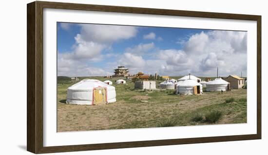 Ger camp and Tsorjiin Khureenii temple in the background, Middle Gobi province, Mongolia, Central A-Francesco Vaninetti-Framed Photographic Print