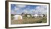 Ger camp and Tsorjiin Khureenii temple in the background, Middle Gobi province, Mongolia, Central A-Francesco Vaninetti-Framed Photographic Print