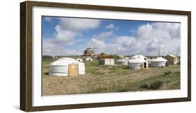 Ger camp and Tsorjiin Khureenii temple in the background, Middle Gobi province, Mongolia, Central A-Francesco Vaninetti-Framed Photographic Print