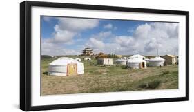 Ger camp and Tsorjiin Khureenii temple in the background, Middle Gobi province, Mongolia, Central A-Francesco Vaninetti-Framed Photographic Print