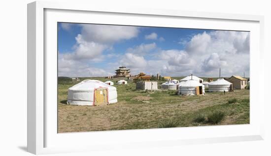 Ger camp and Tsorjiin Khureenii temple in the background, Middle Gobi province, Mongolia, Central A-Francesco Vaninetti-Framed Photographic Print