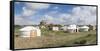 Ger camp and Tsorjiin Khureenii temple in the background, Middle Gobi province, Mongolia, Central A-Francesco Vaninetti-Framed Stretched Canvas