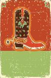 Vintage Christmas Green Card with Cowboy Boot and Fir-Tree on Old Papaer Texture-GeraKTV-Art Print