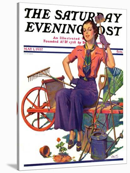 "Geranium Gardener," Saturday Evening Post Cover, May 1, 1937-W.D. Stevens-Stretched Canvas