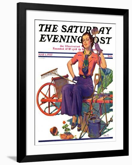 "Geranium Gardener," Saturday Evening Post Cover, May 1, 1937-W.D. Stevens-Framed Giclee Print