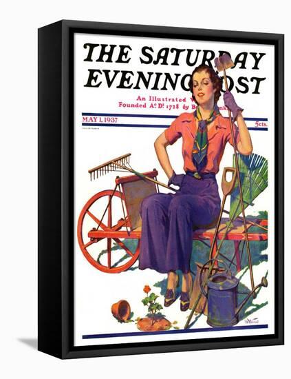 "Geranium Gardener," Saturday Evening Post Cover, May 1, 1937-W.D. Stevens-Framed Stretched Canvas