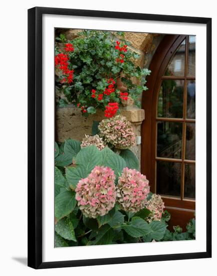 Geraniums and Hydrangea by Doorway, Chateau de Cercy, Burgundy, France-Lisa S. Engelbrecht-Framed Premium Photographic Print