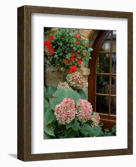 Geraniums and Hydrangea by Doorway, Chateau de Cercy, Burgundy, France-Lisa S. Engelbrecht-Framed Photographic Print