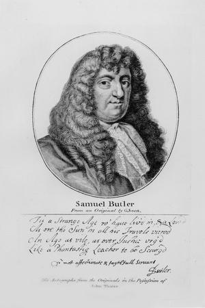 Portrait of Samuel Butler (1612-80) with an Sample of His Handwriting