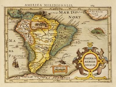Hand Colored Engraved Map of South America, 1610
