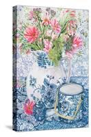 Gerberas in a Coalport Jug with Blue Pots-Joan Thewsey-Stretched Canvas