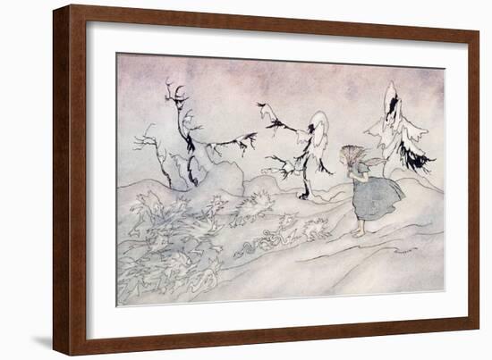 'Gerda Is Terrified by the Snow Queen's Advance Guard, But She Said "Our Father" and Is Rescued-Arthur Rackham-Framed Giclee Print