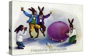 German Easter Greetings Card With Rabbits & Egg-null-Stretched Canvas