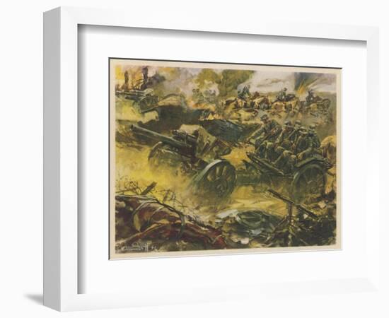 German Horse-Drawn Artillery Moving to Fresh Positions During a Bombardment-V. Mundorff-Framed Art Print