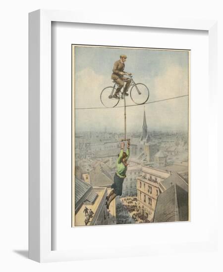 German Husband and Wife Team Perform a Dramatic Tightrope Cycling Act-Achille Beltrame-Framed Photographic Print