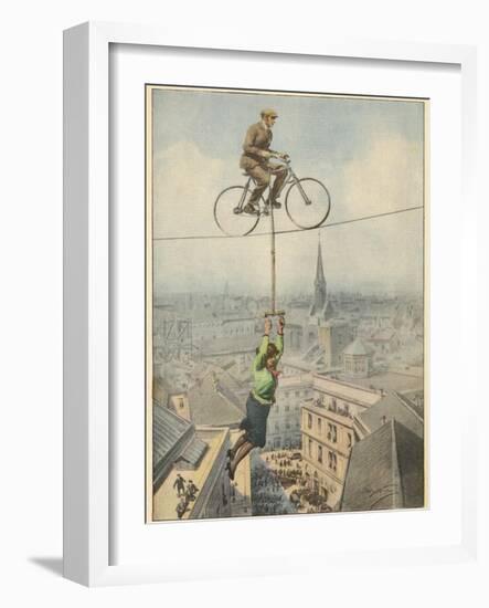 German Husband and Wife Team Perform a Dramatic Tightrope Cycling Act-Achille Beltrame-Framed Photographic Print