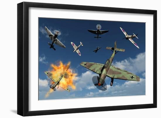 German Ju 87 Stuka Dive Bombers Attacked by British Supermarine Spitfires-null-Framed Art Print