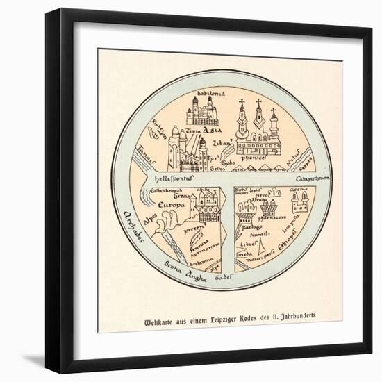 German Map of the World Showing Various Cities Rivers and Seas-null-Framed Art Print