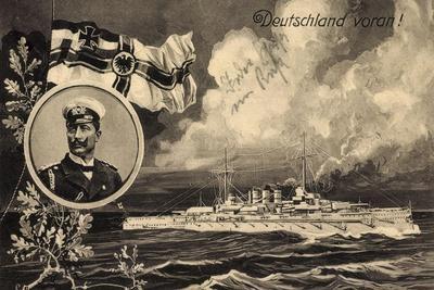 Künstler Ak Deutschland Voran, Kriegsschiff, Kaiser Wilhelm II, Patriotik