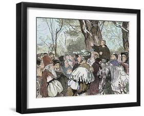 German Reformer, Luther's Preaching to the Crowd in Moera. Colored Engraving from 1882-Prisma Archivo-Framed Photographic Print