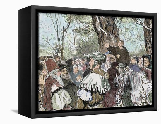 German Reformer, Luther's Preaching to the Crowd in Moera. Colored Engraving from 1882-Prisma Archivo-Framed Stretched Canvas