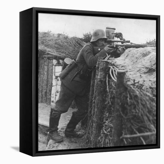 German Sniper in a Trench on the Western Front During World War I-Robert Hunt-Framed Stretched Canvas
