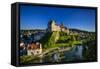 Germany, Baden-Wurttemberg, Swabian Alps, Danube with Sigmaringen Castle, Hohenzollern Castle-Udo Siebig-Framed Stretched Canvas