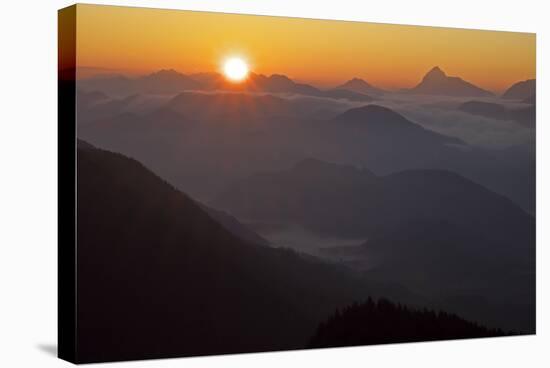 Germany, Bavaria, Bavarian Alpine Foothills, Jochberg, Sunrise Above the Mangfallgebirge, Halserspi-Bernd Rommelt-Stretched Canvas