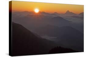 Germany, Bavaria, Bavarian Alpine Foothills, Jochberg, Sunrise Above the Mangfallgebirge, Halserspi-Bernd Rommelt-Stretched Canvas