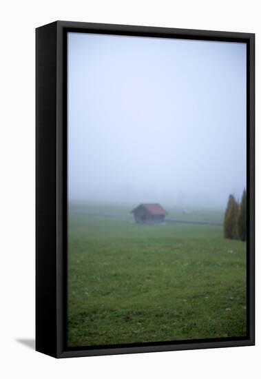 Germany, Bavaria, Elmau, meadow, barn, fog,-Christine Meder stage-art.de-Framed Stretched Canvas