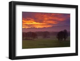 Germany, Bavaria, Faistenberg, Red Sky About the Bavarian Alpine Foothills and the Mangfallgebirge-Bernd Rommelt-Framed Photographic Print