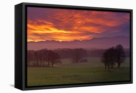 Germany, Bavaria, Faistenberg, Red Sky About the Bavarian Alpine Foothills and the Mangfallgebirge-Bernd Rommelt-Framed Stretched Canvas