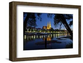 Germany, Bavaria, Regensburg, Danube Shore, Dusk, Cathedral-Chris Seba-Framed Photographic Print