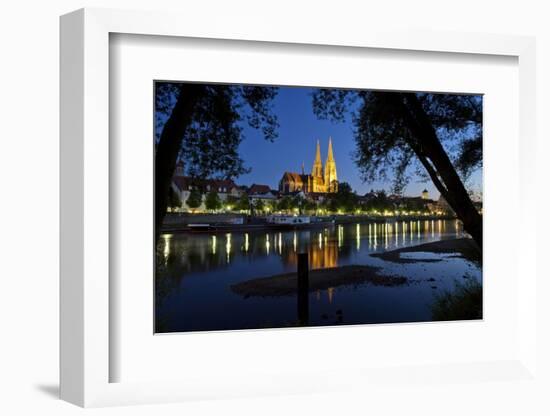 Germany, Bavaria, Regensburg, Danube Shore, Dusk, Cathedral-Chris Seba-Framed Photographic Print