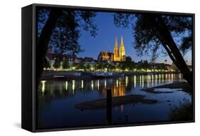 Germany, Bavaria, Regensburg, Danube Shore, Dusk, Cathedral-Chris Seba-Framed Stretched Canvas