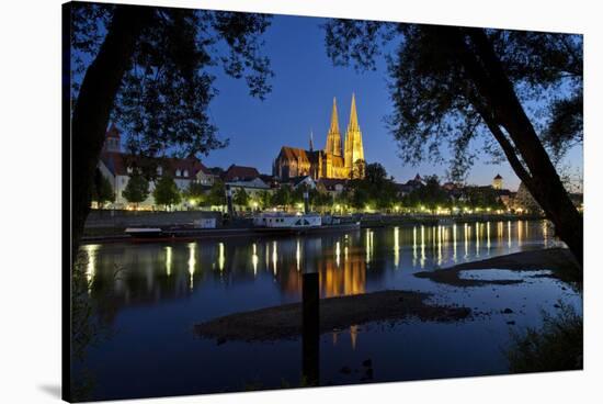 Germany, Bavaria, Regensburg, Danube Shore, Dusk, Cathedral-Chris Seba-Stretched Canvas